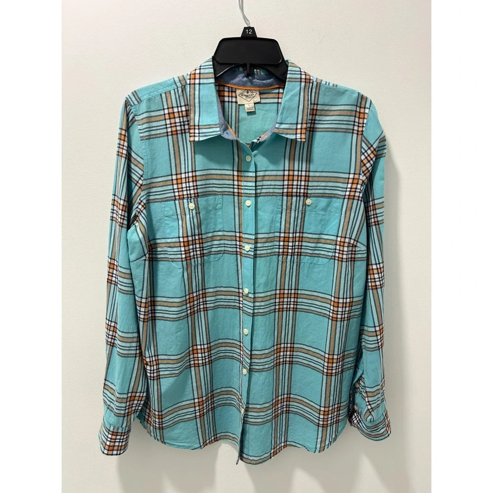 St. Johns Bay Womens Large Teal Plaid Long Sleeve Button Down 100% Cotton Shirt